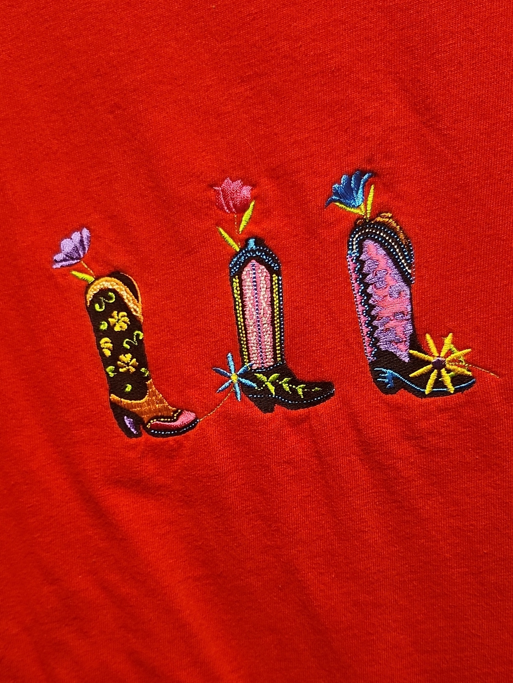 Embroidered Red Women's Top with Western Boot Motif